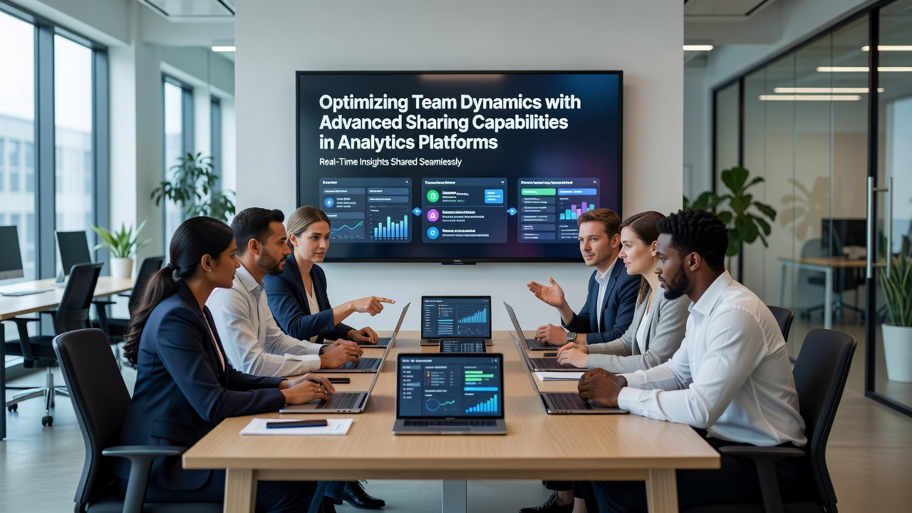 Cross-functional team discussing insights from a jointly edited analytics report on a large screen